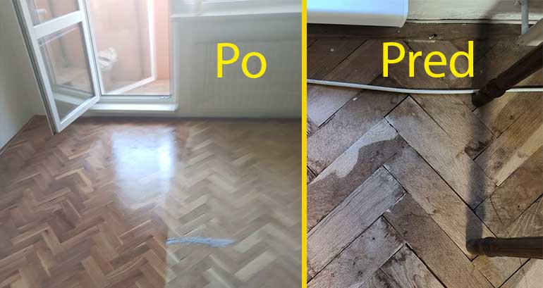 Renovácia vytopených parkiet v Leviciach – oprava po vytopení, brúsenie, tmelenie a lakovanie parkiet